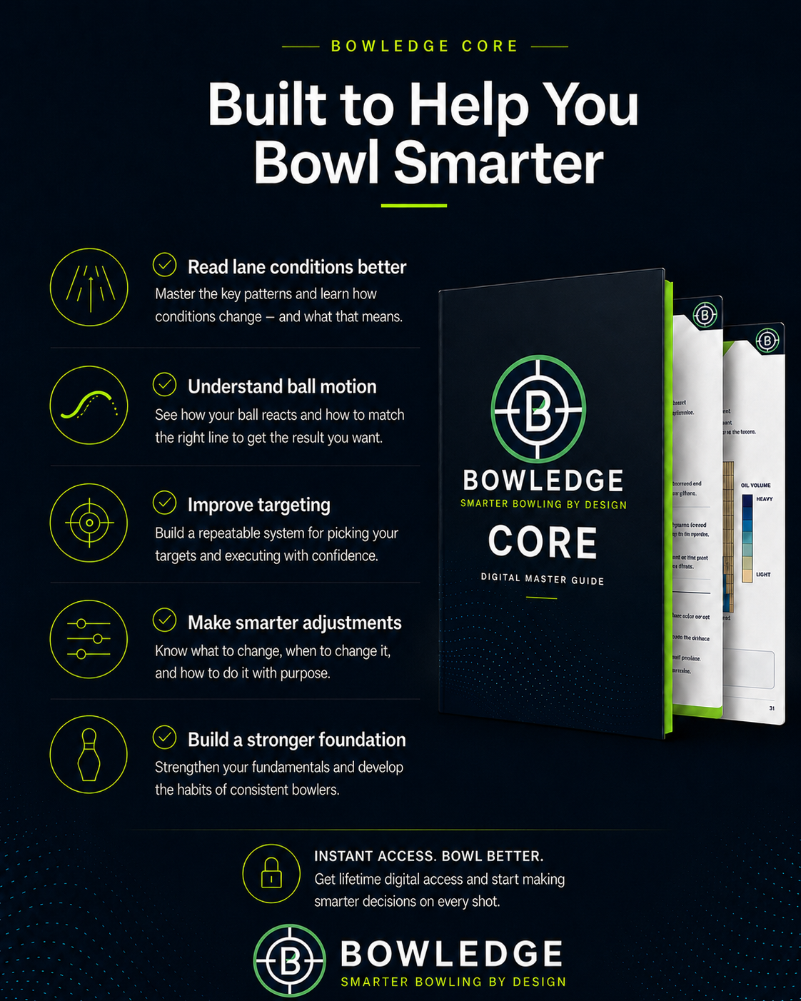 Bowledge Core bowling improvement guide designed to help bowlers read lane conditions, understand ball motion, improve targeting and make smarter adjustments.