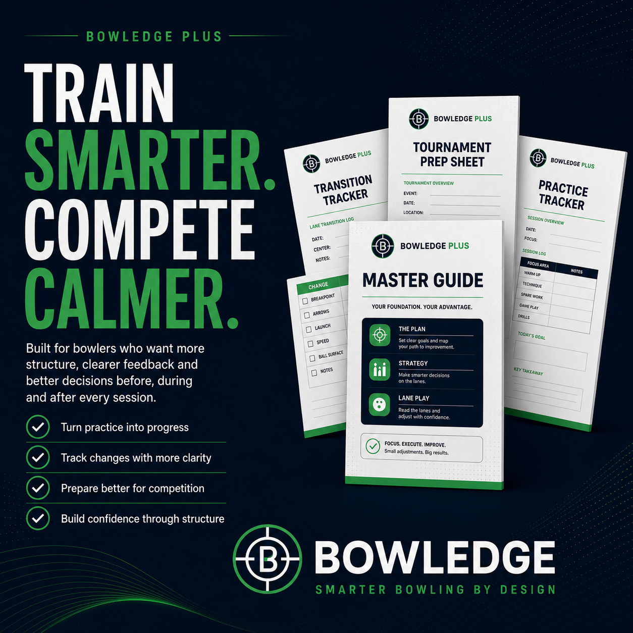 Bowledge Plus bowling training system with Master Guide, Transition Tracker, Tournament Prep Sheet and Practice Tracker for smarter practice, clearer lane decisions and better competition preparation.
