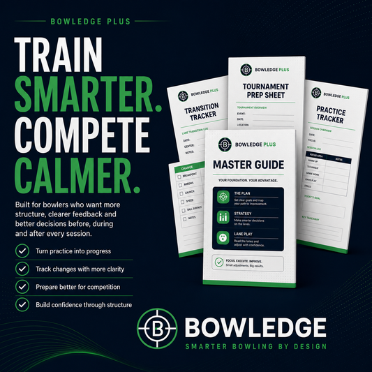 Bowledge Plus bowling training system with Master Guide, Transition Tracker, Tournament Prep Sheet and Practice Tracker for smarter practice, clearer lane decisions and better competition preparation.