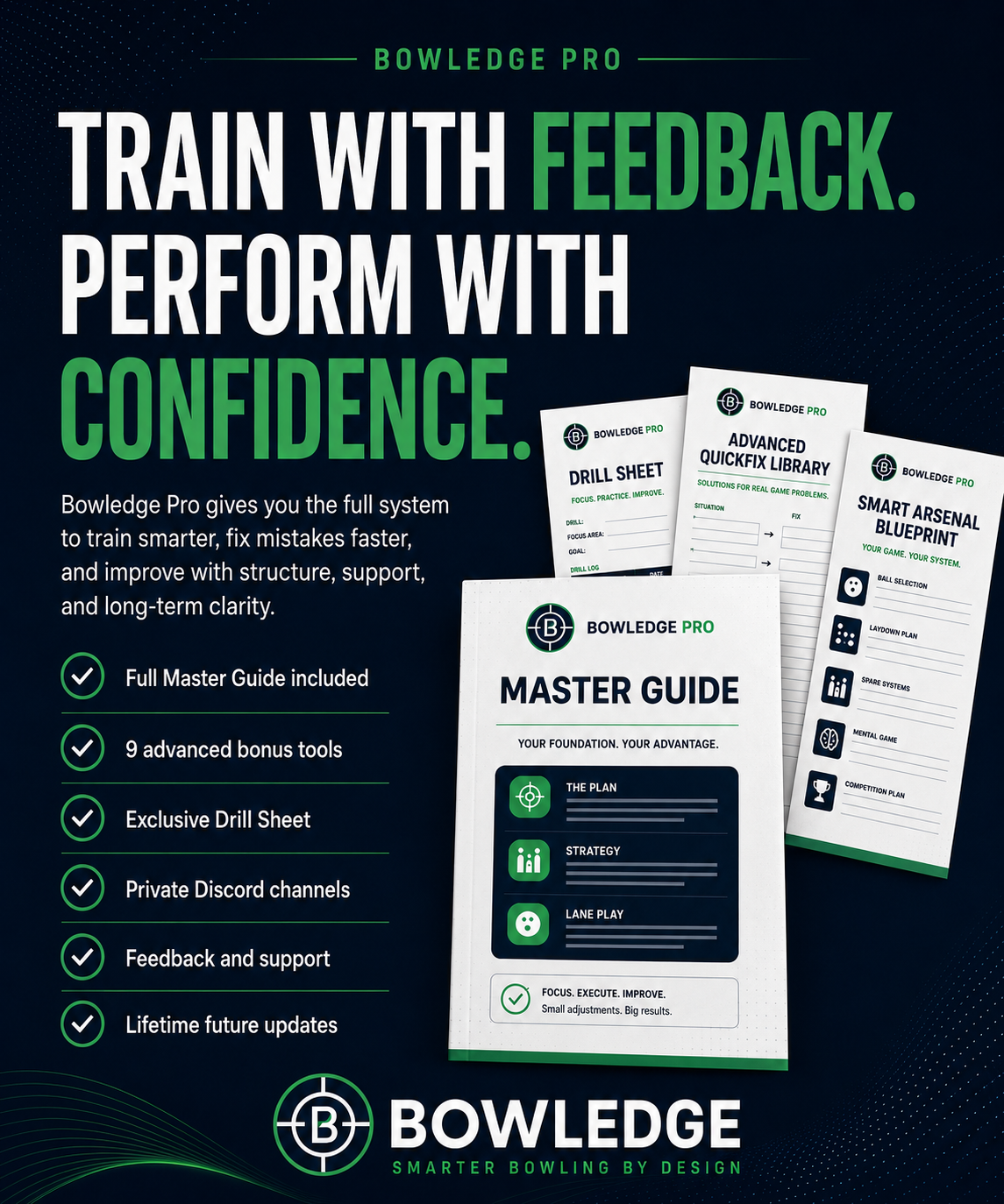 Bowledge Pro performance system with Master Guide, advanced bonus tools, Drill Sheet, private Discord channels, feedback support and lifetime updates.